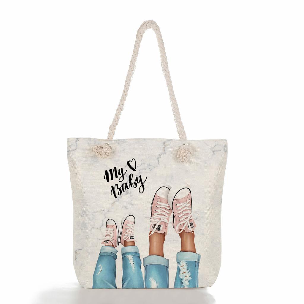 Multifunctional Mom Series Printed Thick Rope Shoulder Beach Bag Casual Large Capacity Handbag 7617