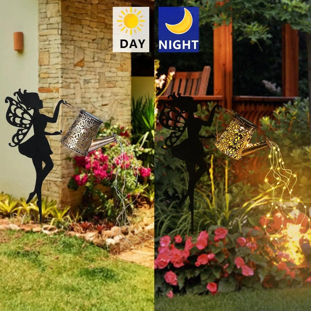 Solar-Powered Iron Art Flower Fairy Lawn Lamp Outdoor Waterproof Garden Kettle Hollow Rojection Light for Decorative Outdoor Use