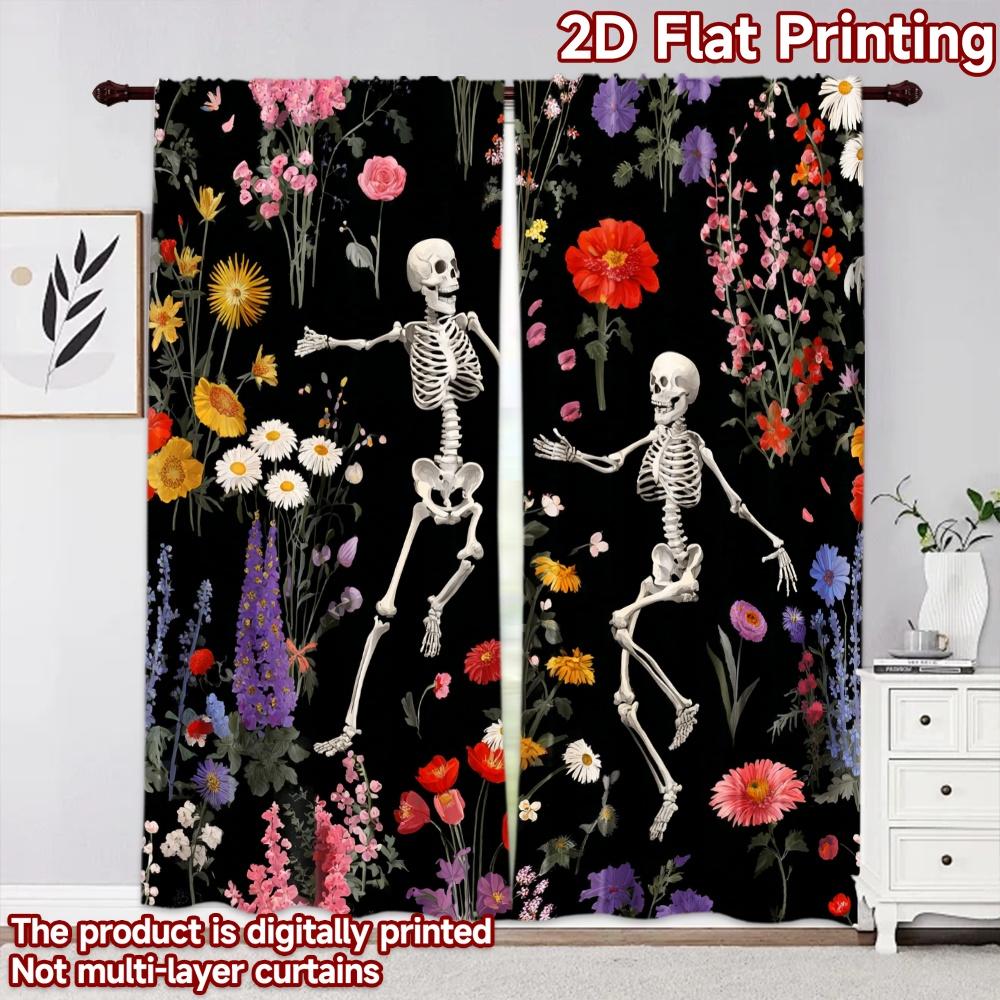 2D flat printing 2pcs Curtain Curtains Halloween Dancing Skeletons Flowers Digital Printed Polyester Drapes Party Decorations