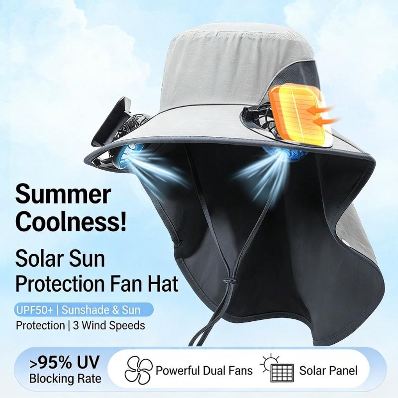 Solar Powered Cooling Hat With Solar Fan Adjustable Fan Breathable Neck Flap For Outdoor Fishing Camping Hiking