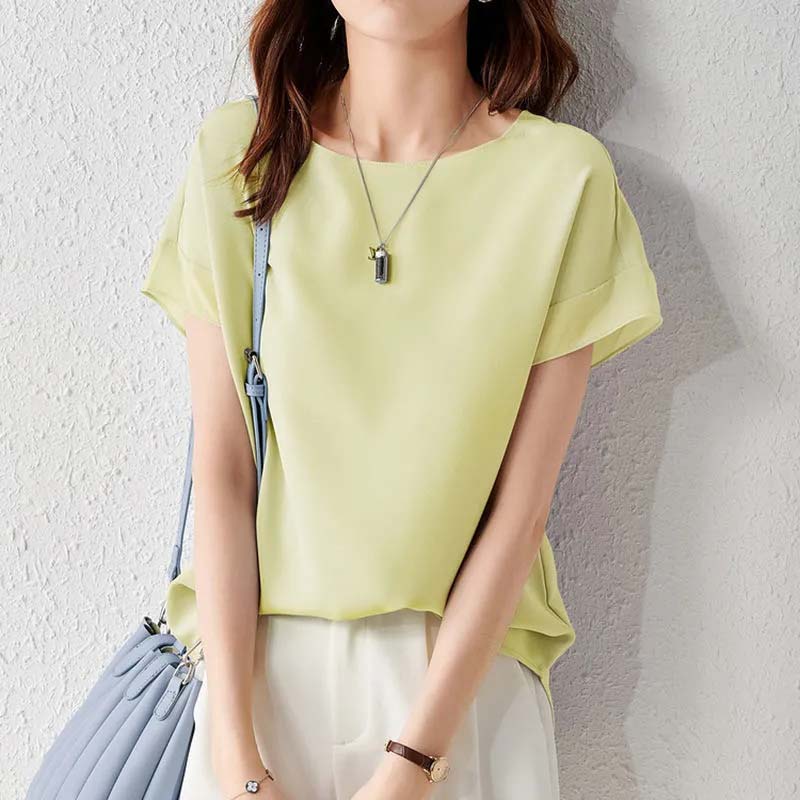 Temperamentní šifonová košile pro ženy letní tenký top s krátkým rukávem šitý rukáv pulovrová halenka jednobarevná volná ležérní univerzální halenky top