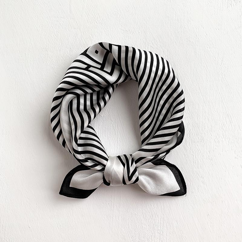 Silk silk scarf women's simple fashion silk scarf spring and autumn summer thin printing decoration black and white striped small square scarf