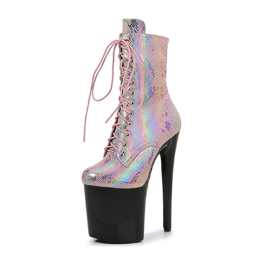 

20СМ лазерный змеиный узор стриптиз высокие каблуки большой размер водонепроницаемые ненависть к столу заоблачные короткие сапоги сексуальная модель обувь для подиума женская 40