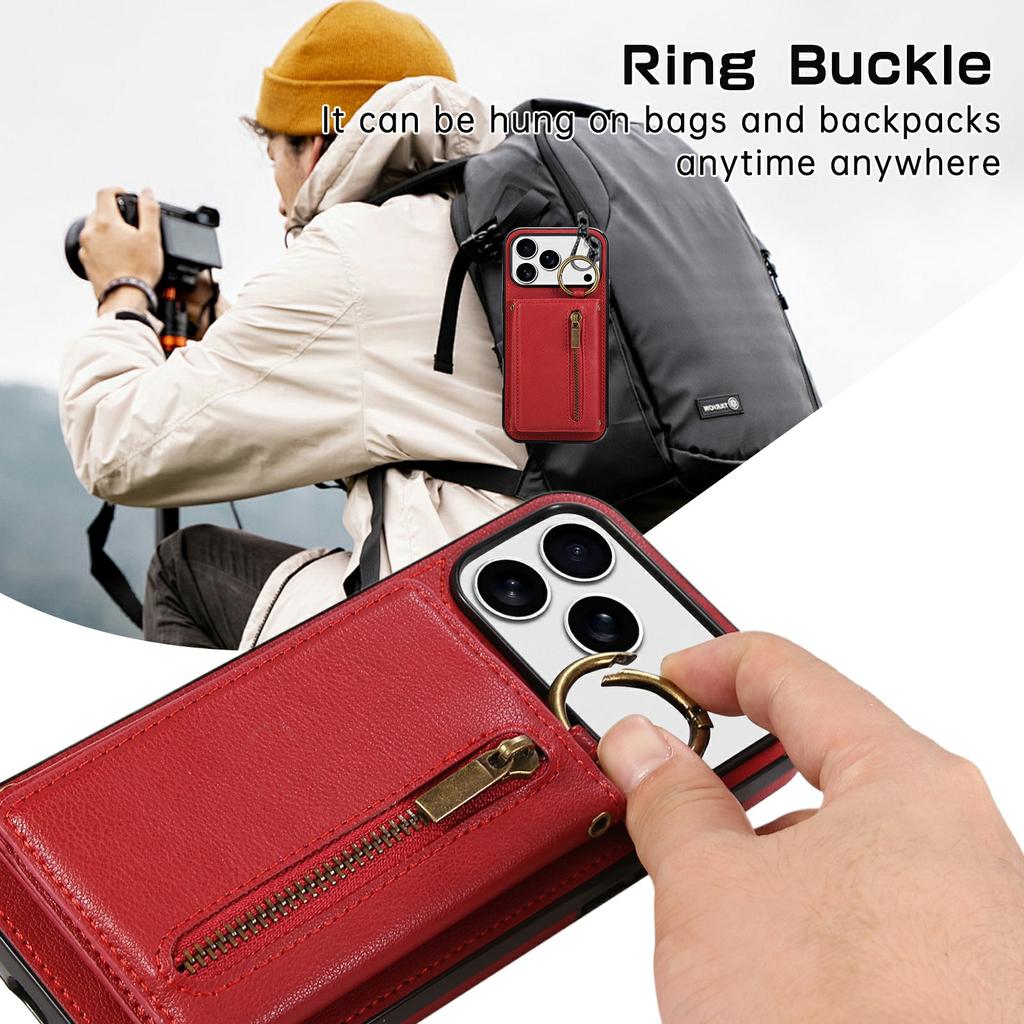 For iPhone 17 Pro Leather Back Cover Zipper Wallet Kickstand Phone Case with Shoulder Strap
