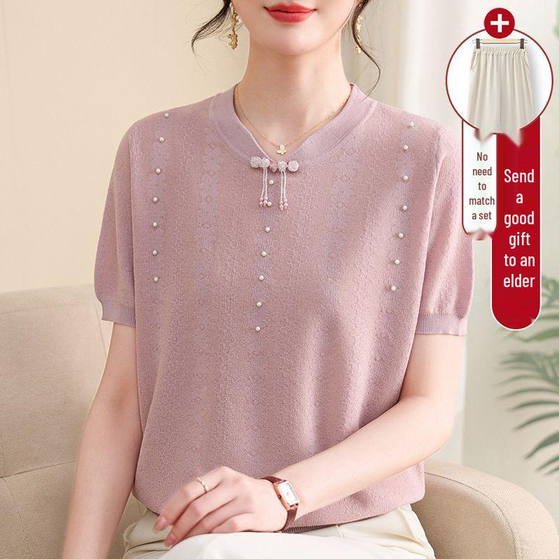 Schickes Sommer-Eis-Seiden-Qipao-Kragen Kurzarm Zweiteiler für mittelalte und ältere Frauen - Strick-T-Shirt-Oberteil in Übergröße