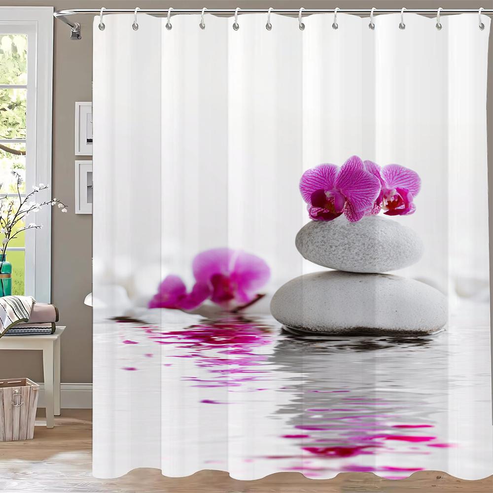 Modern Minimalist Zen Stone, Flower Style Shower Curtain,Polyester Fabric Washable Bathroom Curtains,Home Decoration With Hooks