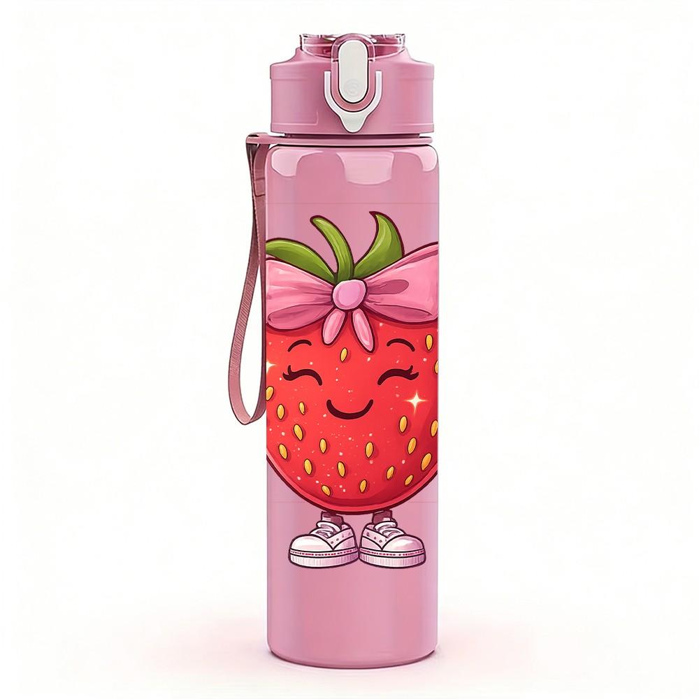 1PC Strawberry Fruit Cartoon Character Print 750ml Color Plastic Sports Water Bottle Leakproof Flip Straw Lid Suitable for Sports Office Home Use