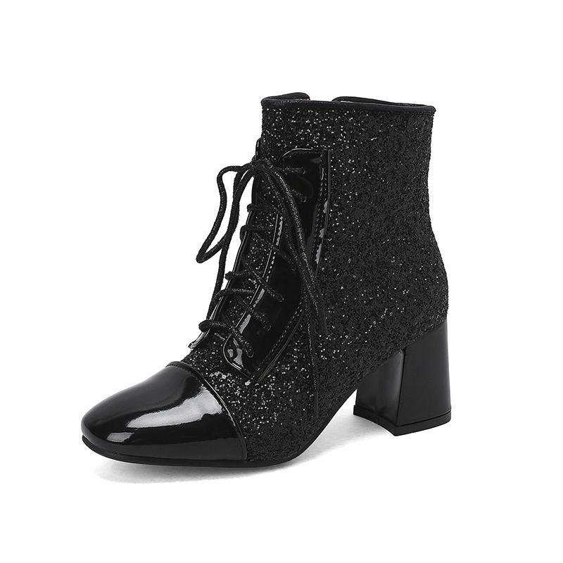 Женские ботильоны на высоком каблуке Новые осенне-зимние массивные ботильоны больших размеров с пайетками в римском стиле 34 чёрный 6189₽