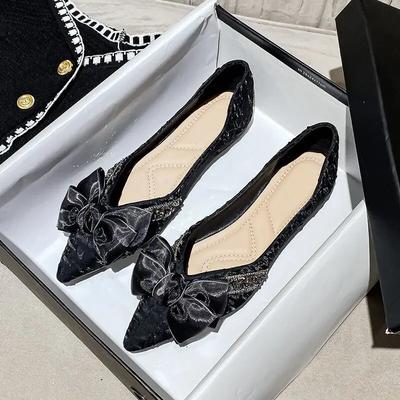 Med Sløyfe Spiss Tå Dame Flats Populær Billig Likvideringsrabatt Ferie Høy Kvalitet Mote Slip-on Svarte Sko for Kvinner