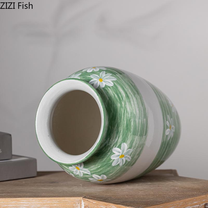 White Flower Painted Ceramic Vase Potted Plant Table Decoration Ornament Flower Arrangement Floral Vases Room Aesthetic Decor