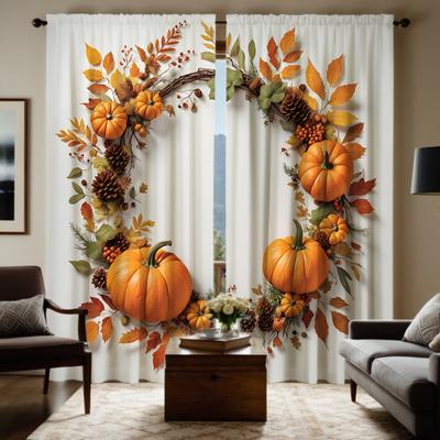 2pcs HD Thanksgiving Pendant Pumpkin Berry Maple Wreath Fall Decorative Curtain Yellow Tie Digital Printed Curtain Home Decor