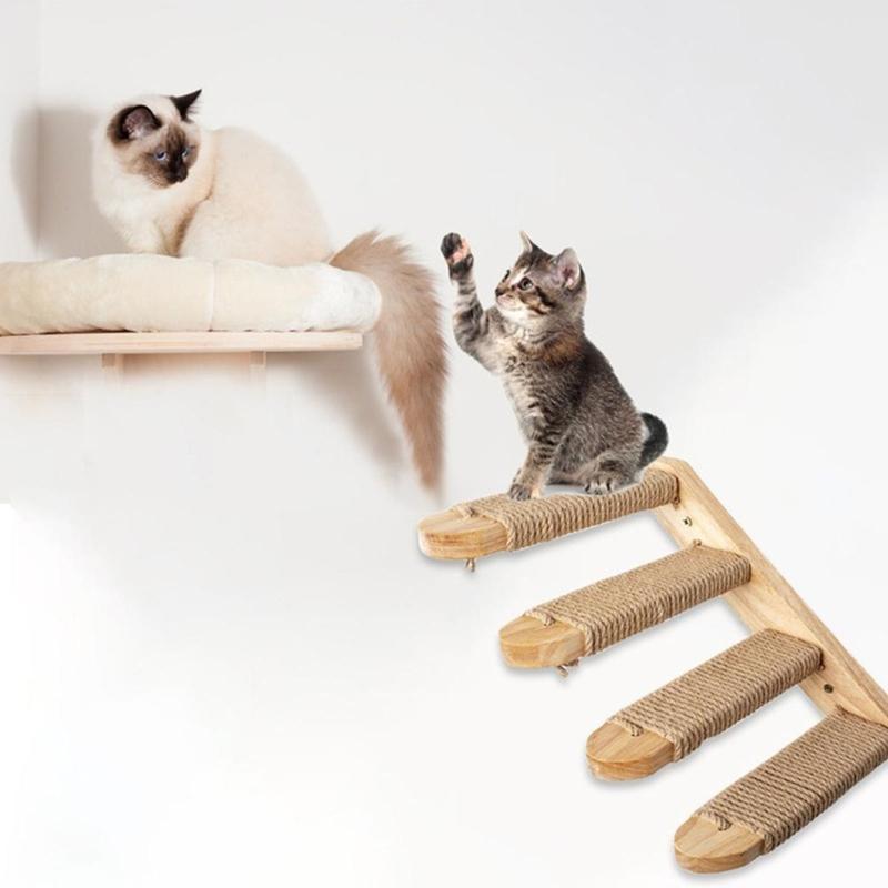 Natural Wood Cats Climbing Ladder Wall Mounted Space Efficient Design Activity Toy For Small Home And Pet Entertainment