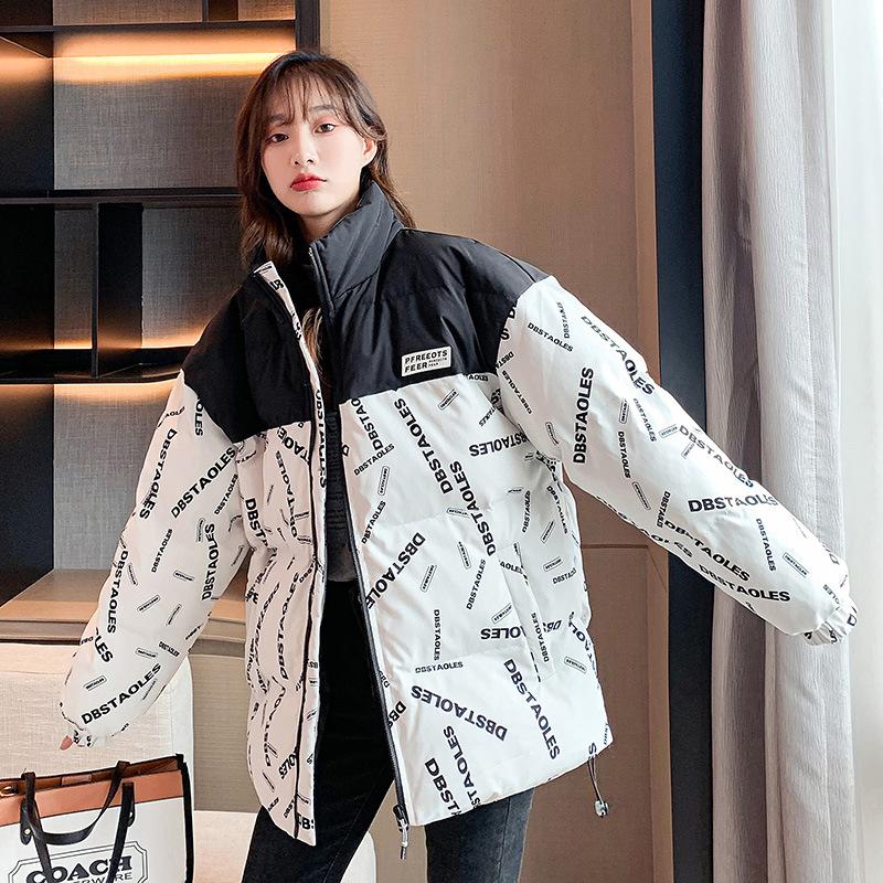 Men's and Women's Hong Kong Style Stand-up Collar Letter Splicing Autumn and Winter Thickened Velvet Jacket Men's Padded Jacket Couple Clothing