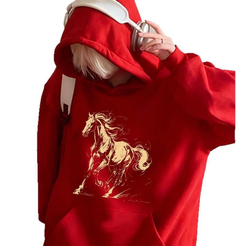 Men's Red Hooded Sweatshirt - Year of the Horse 2026 - Winter Velvet Outerwear Trend