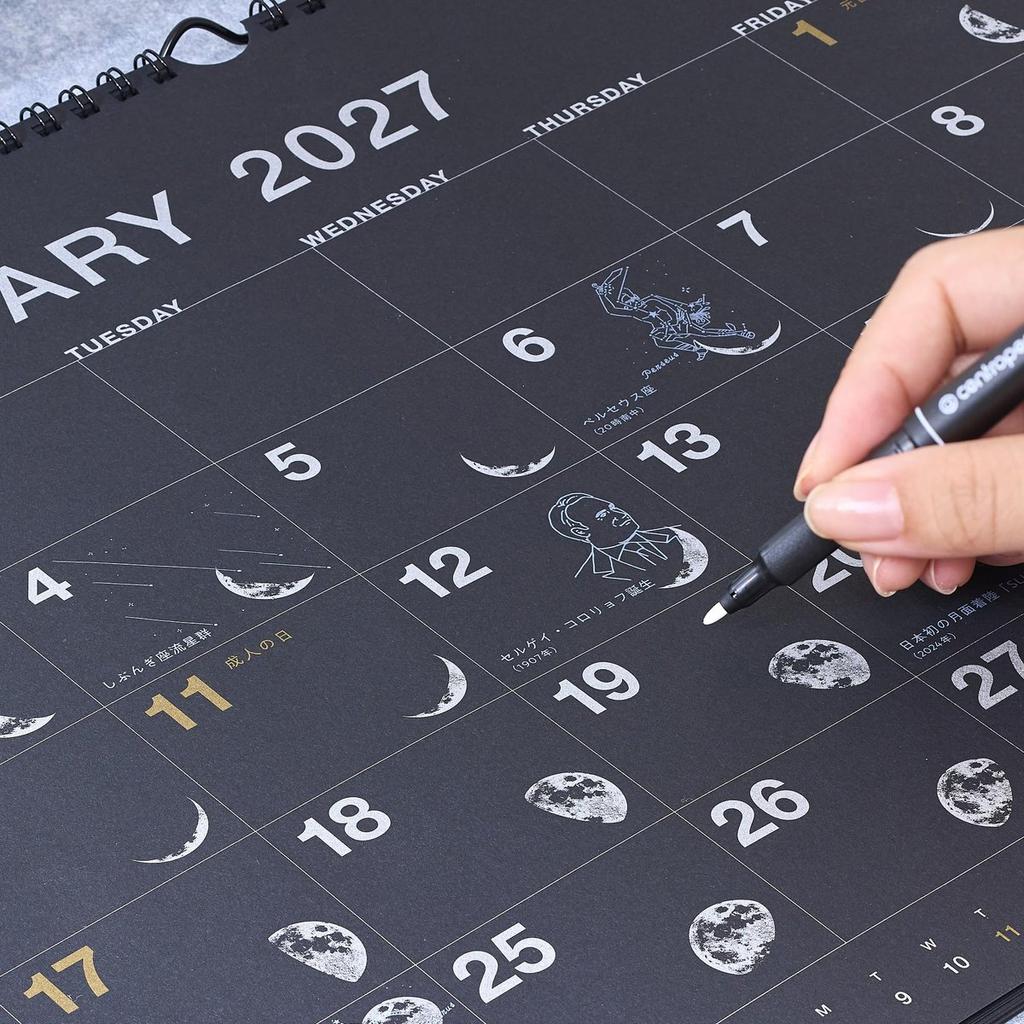 Shin-Nihon Calendar 2027 Wall Calendar - Sora (Space) Design Black Edition, Aesthetic Gold and Silver Moon Prints, Large A3 Hanging Planner