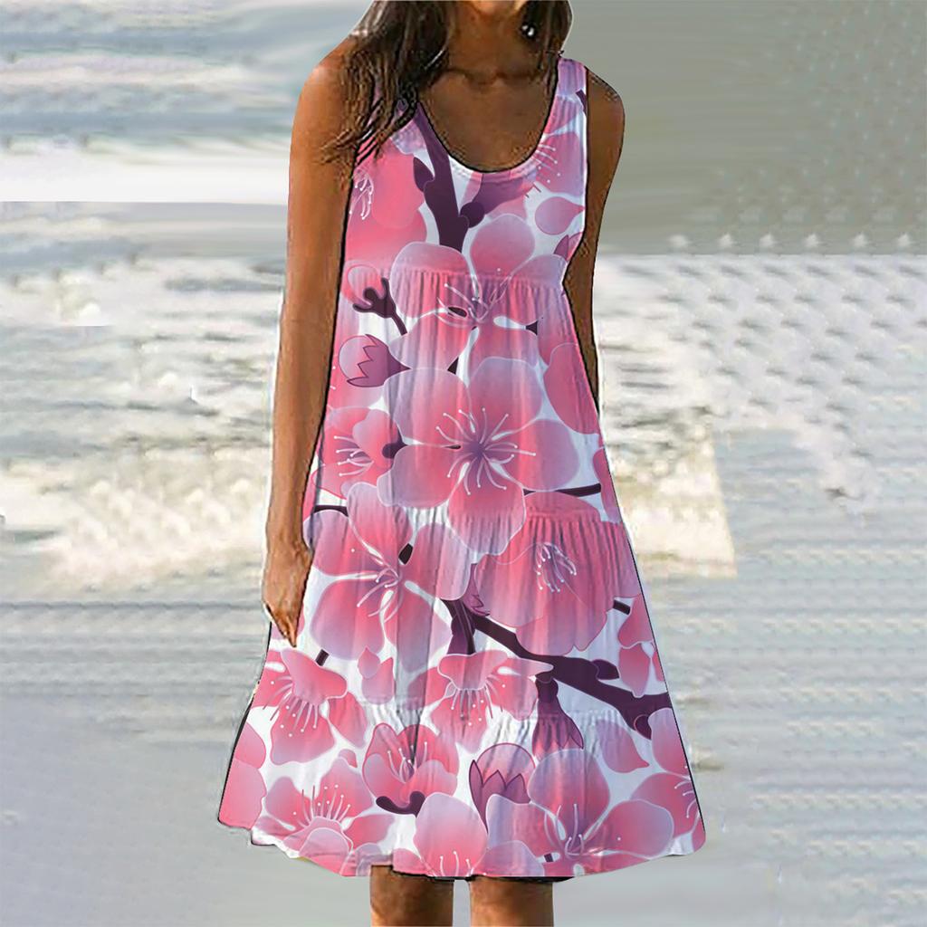 Women's Summer Floral Print Beach Dress Round Neck Sleeveless Dress
