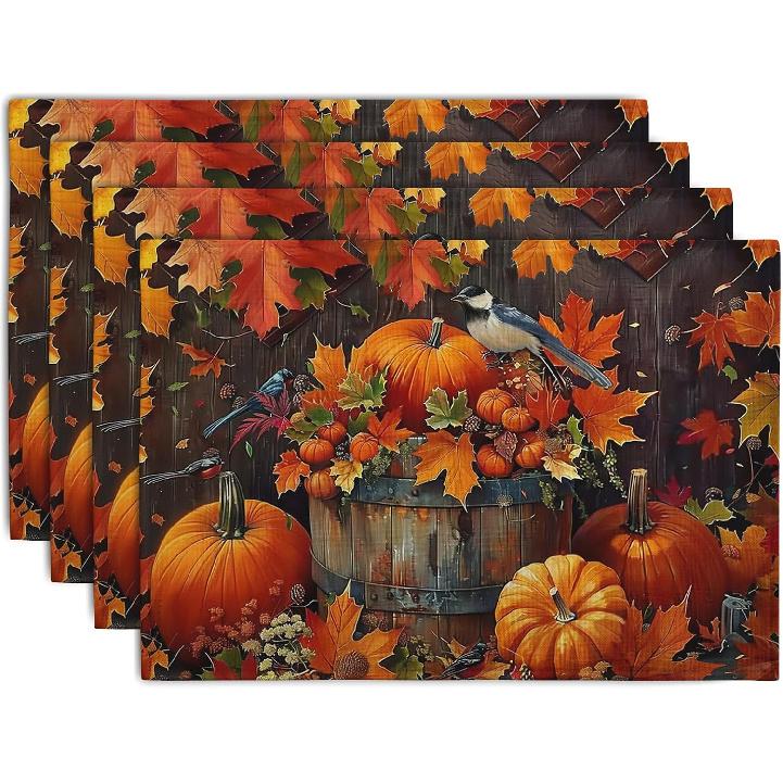 Pumpkin Maple Leaf Bird Fall Placemats Set of 4 Autumn Thanksgiving Seasonal Holiday Harvest Linen Table Mats Orange Brown Washable Place Mats for