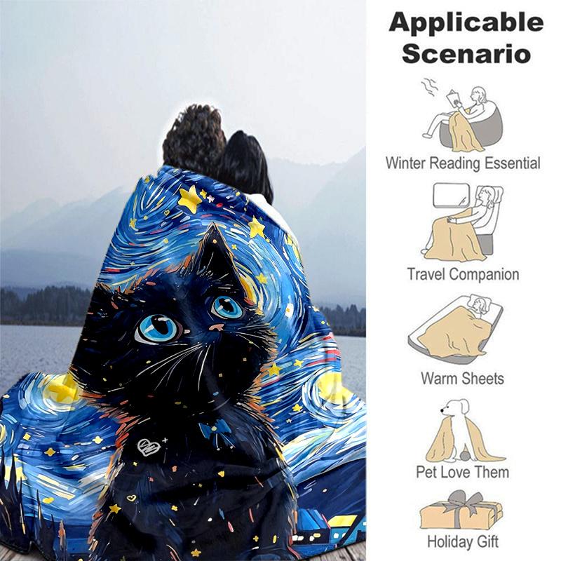 1pc Starry Night Kitten Cartoon Blanket Home Decorative Throw Gift Perfect for Couch Bed Living Room