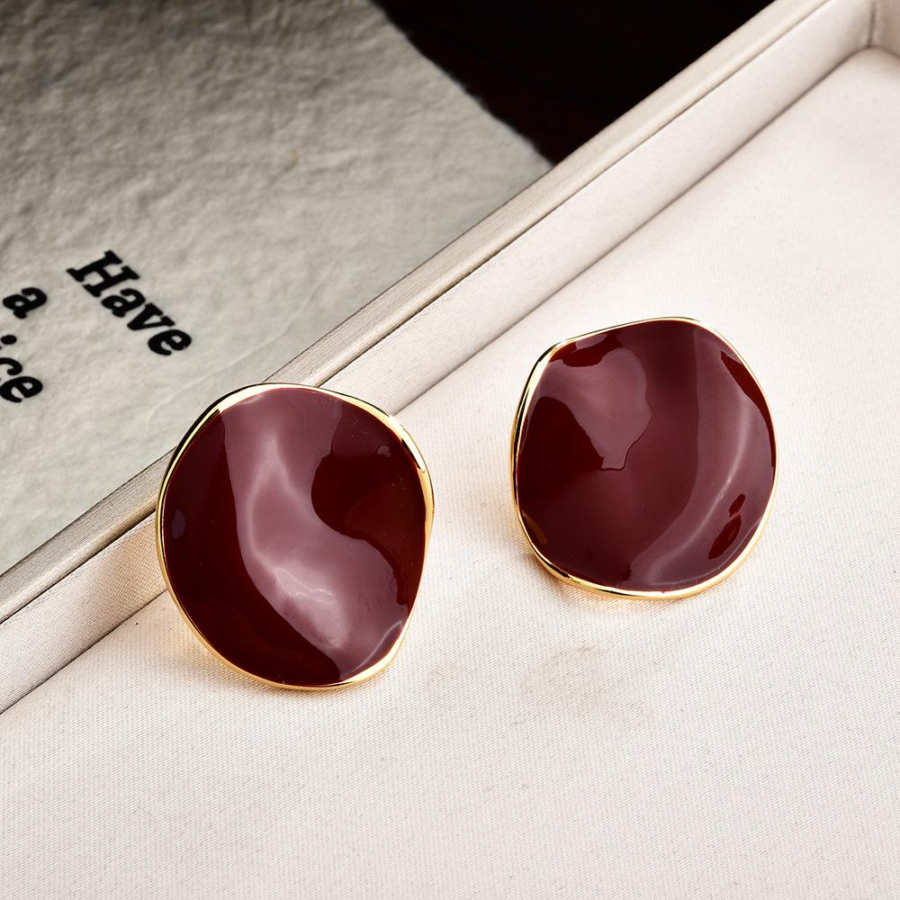 French drip glaze pleated round stud earrings women's light luxury niche design high-end temperament earrings burgundy retro earrings