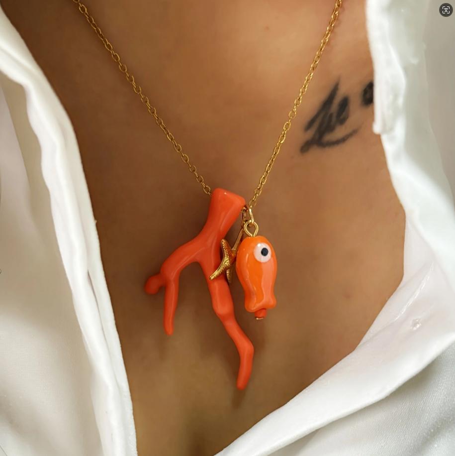 Charm Ocean Imitation Coral Glass Fish Pendant Rope Necklace Women's Vacation Party Accessories