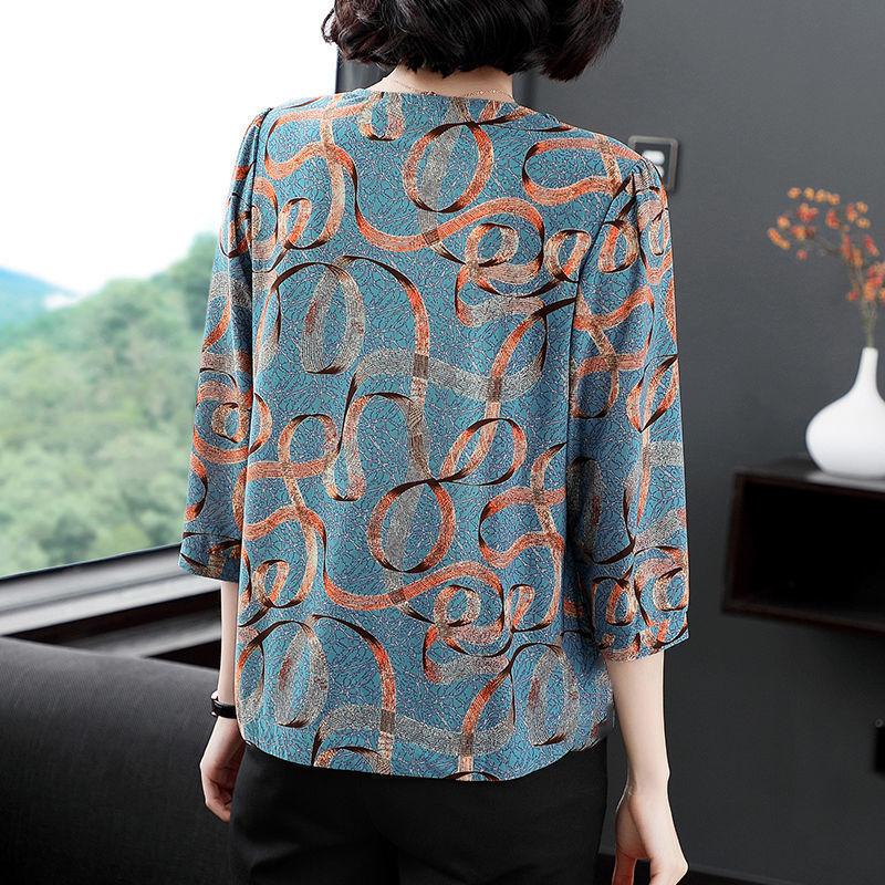 Dreiviertelarm T-Shirt Mutter mittleren Alters Frühlingsoberteil T-Shirt im chinesischen Stil Halbarm Künstlerisches Oberteil