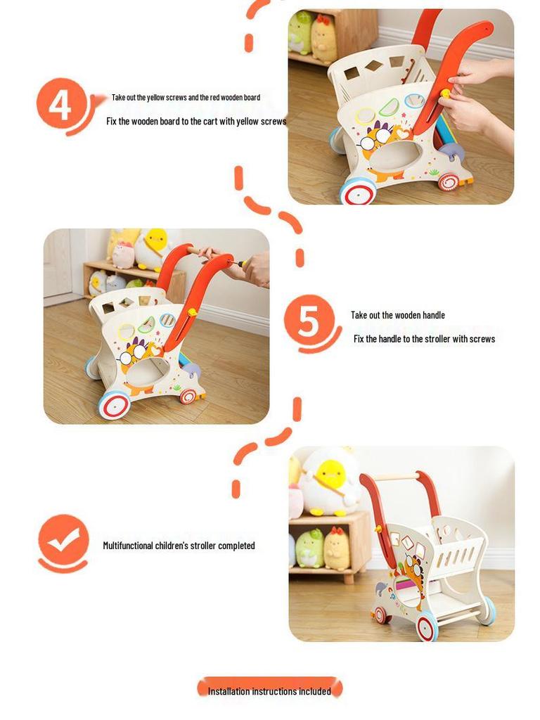 Multifunctional Wooden Baby Push Walker with Tool Basket and Anti-Bowlegs Design