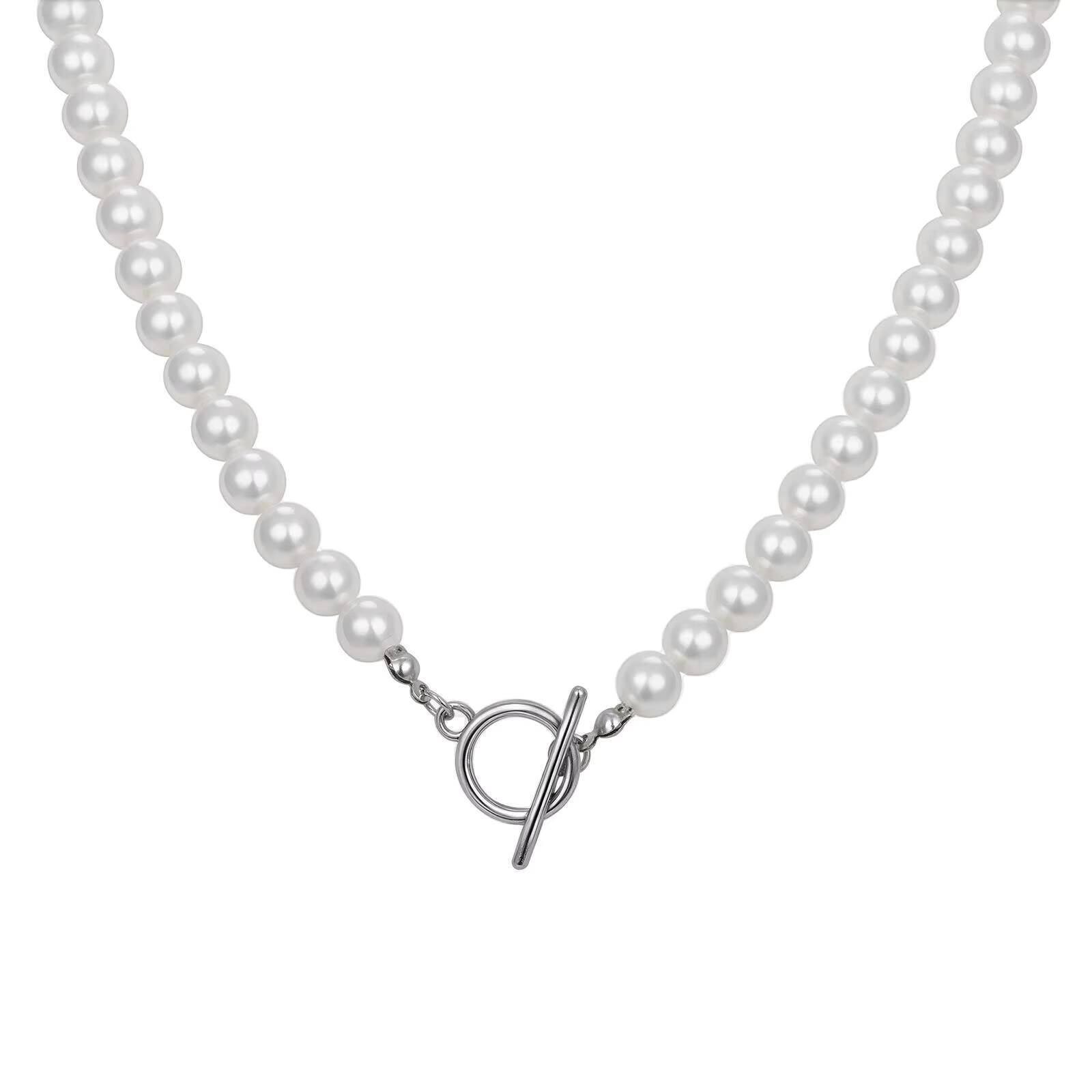 

Vnox Alloy OT Clasp Imitation Pearl Necklaces for Men Women, 14.7x18.5mm Clasp Beaded Collar, Unisex Minimalist Jewelry Gift New 45cm