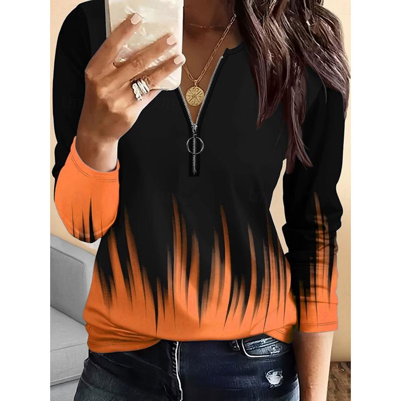 Women's T Shirt Ombre Graphic Vintage Fashion Stylish Long Sleeve Crew Neck Regular Tops Daily Zipper Print Yellow Blue