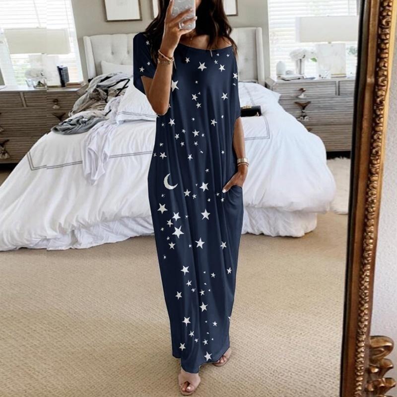 Women Loose Casual Short Sleeve Moon Stars Print Maxi Dress Home Casual Dress Trendsetting Must-have Items Fashion Versatile Outfits