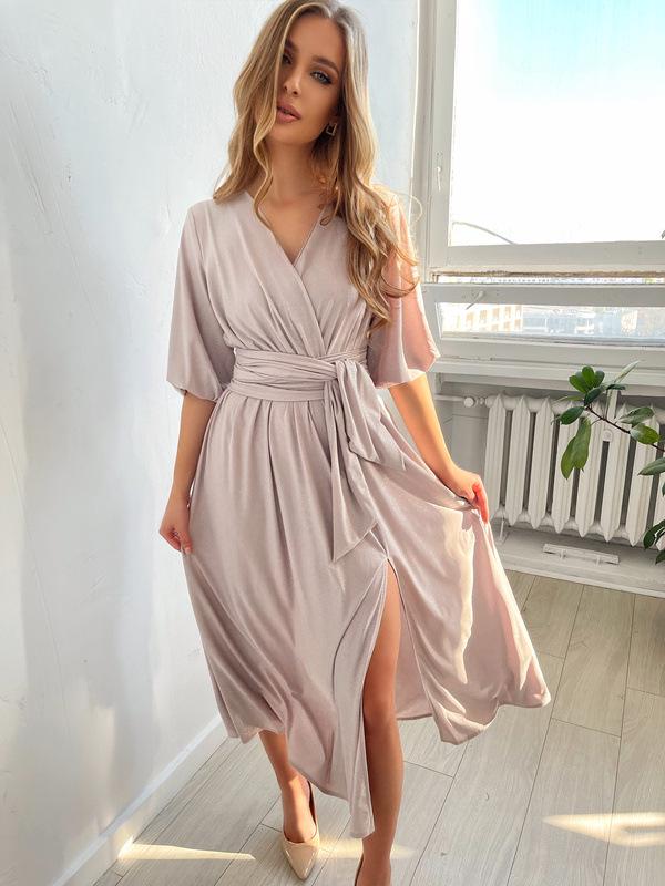 2023 Women's V-Neck Lantern Sleeve Maxi Dress with Waist Tie & Slit