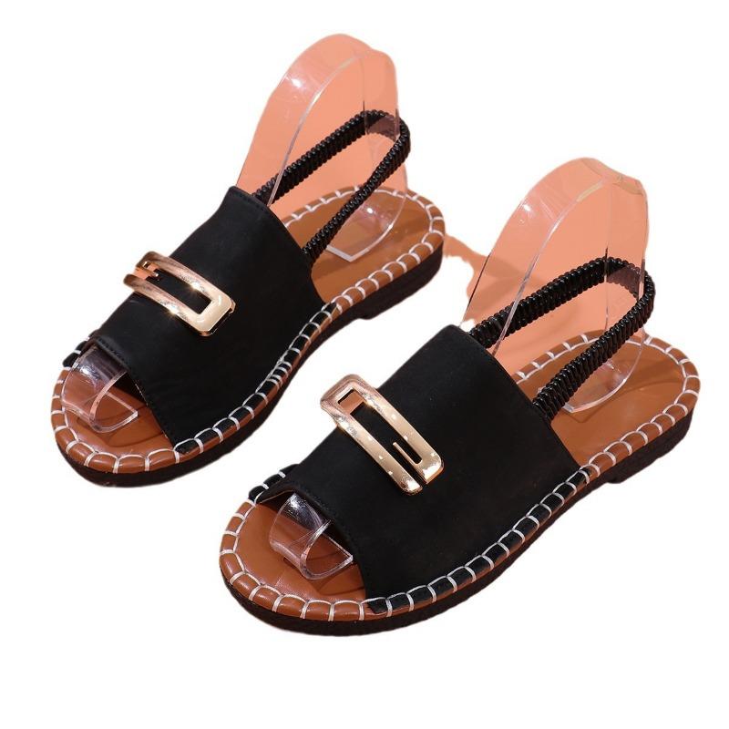 Flat-bottomed Women's Elastic Band Metal-decorated Large-sized Sandals