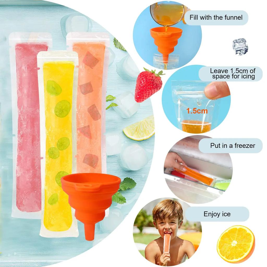 100 Disposable Ice Popsicle Bags Free Freezer Tubes With Zip Seals Snacks,Yogurt Sticks,Ice Candy Pops Comes and Funnel 7.5x2in