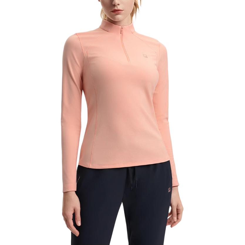 FILA Fleece Knit Mock Neck Half Zip Raglan Long Sleeve T-Shirt Women Tops Light-Pink A11W511205FPC