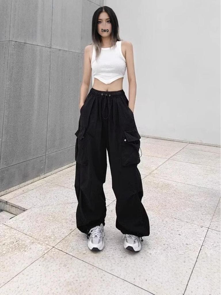 Schwarze Fallschirmhose mit hohem Bund – Lässig, weit geschnitten, Petite Jazz-Tanzbekleidung für Frühling und Herbst