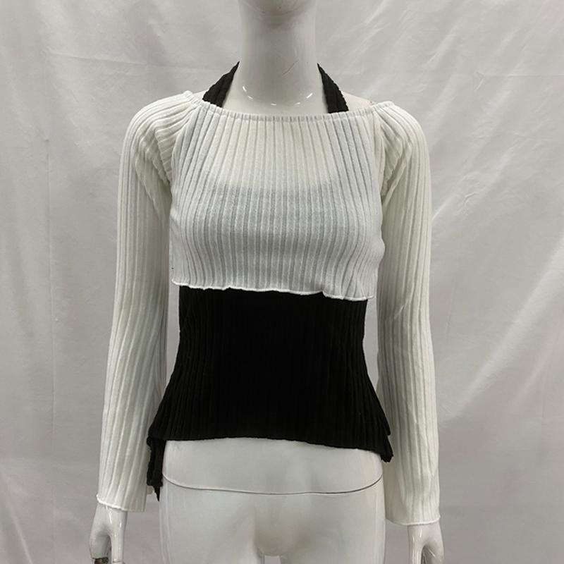 

Европейский и американский женский трикотажный облегающий топ с длинными рукавами и контрастной расцветкой из двух частей в стиле Y2K с вырезом на шее L белый