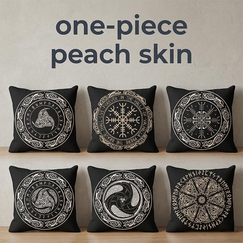 Viking Runes Compass Cushion Cover Peach Skin Norse Mythology Throw Pillowcase Black Celtic Knot Sofa Living Room Home Decor