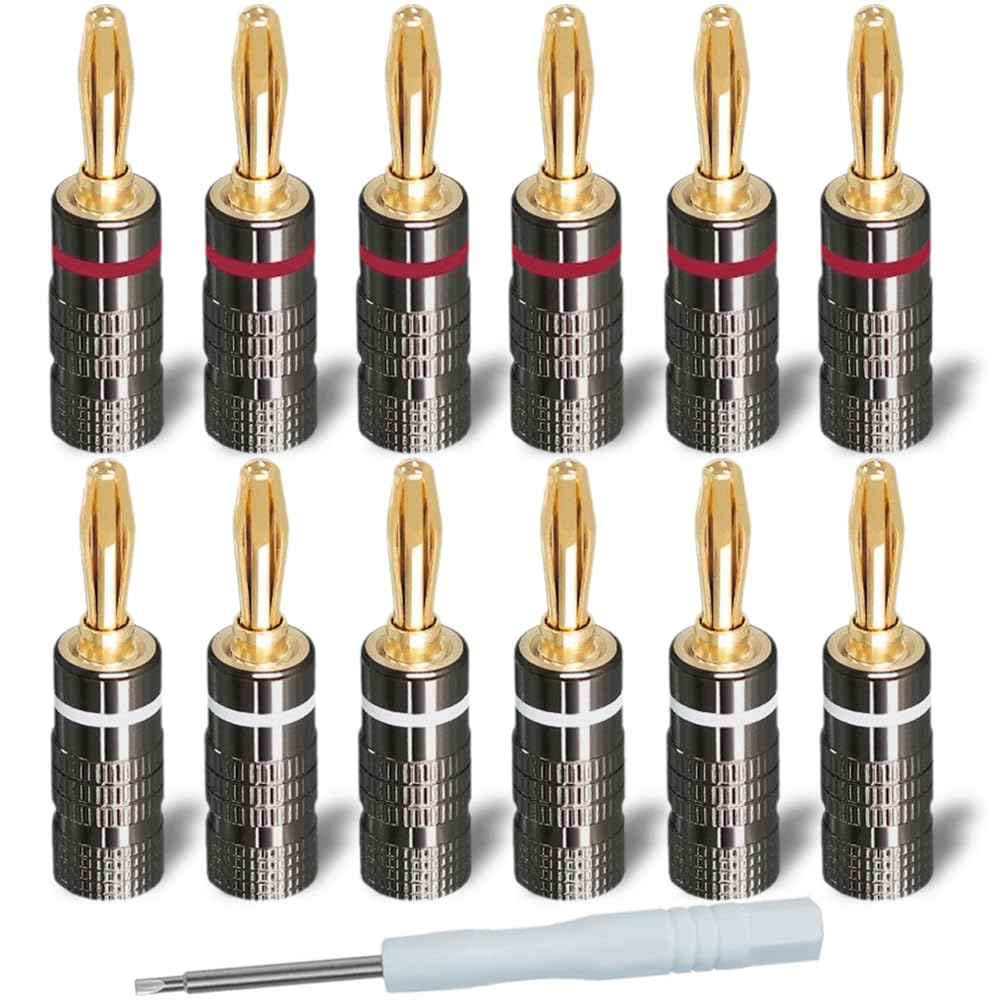 Banánky pozlacené 24karátovým zlatem pro audio, konektory pro reproduktorové kabely 12AWG až 18AWG, sada 12 kusů, se šroubovákem