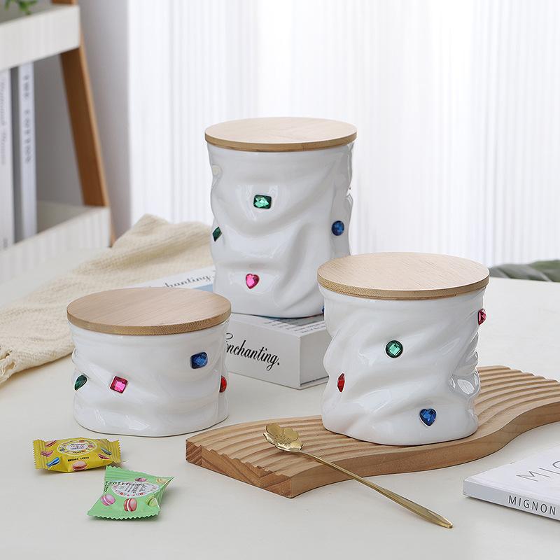 Creative Gemstone Inlaid Ceramic Sealed Jar with Lid, Household Candy Jar, Food Storage Container, Kitchen Storage Box