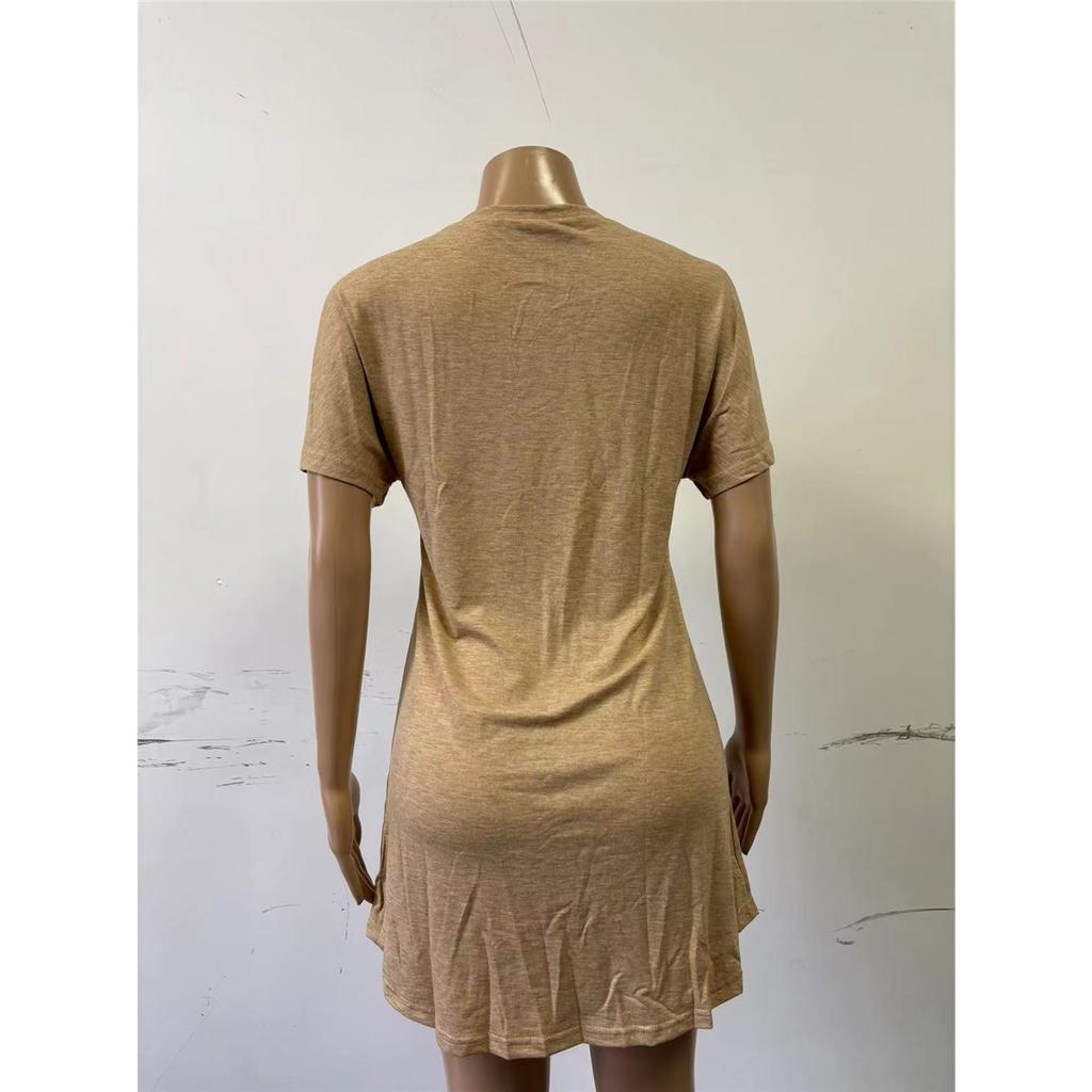 Women's pajamas dress Khaki short-sleeved V-neck casual dress