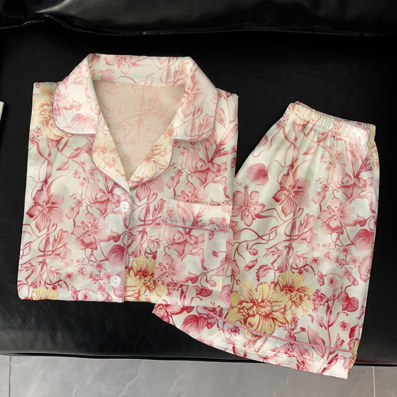 National Style Retro Flower Print Ice Silk Pajamas Women'S Summer Short-Sleeved Thin Suit Loungewear