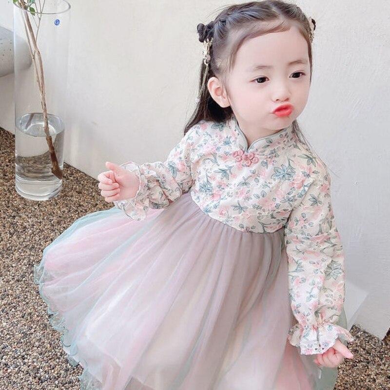 Mädchenkleid im chinesischen Stil mit Blumenmuster, Netzstoff, bauschiges Kleid, Patchwork-Kleid