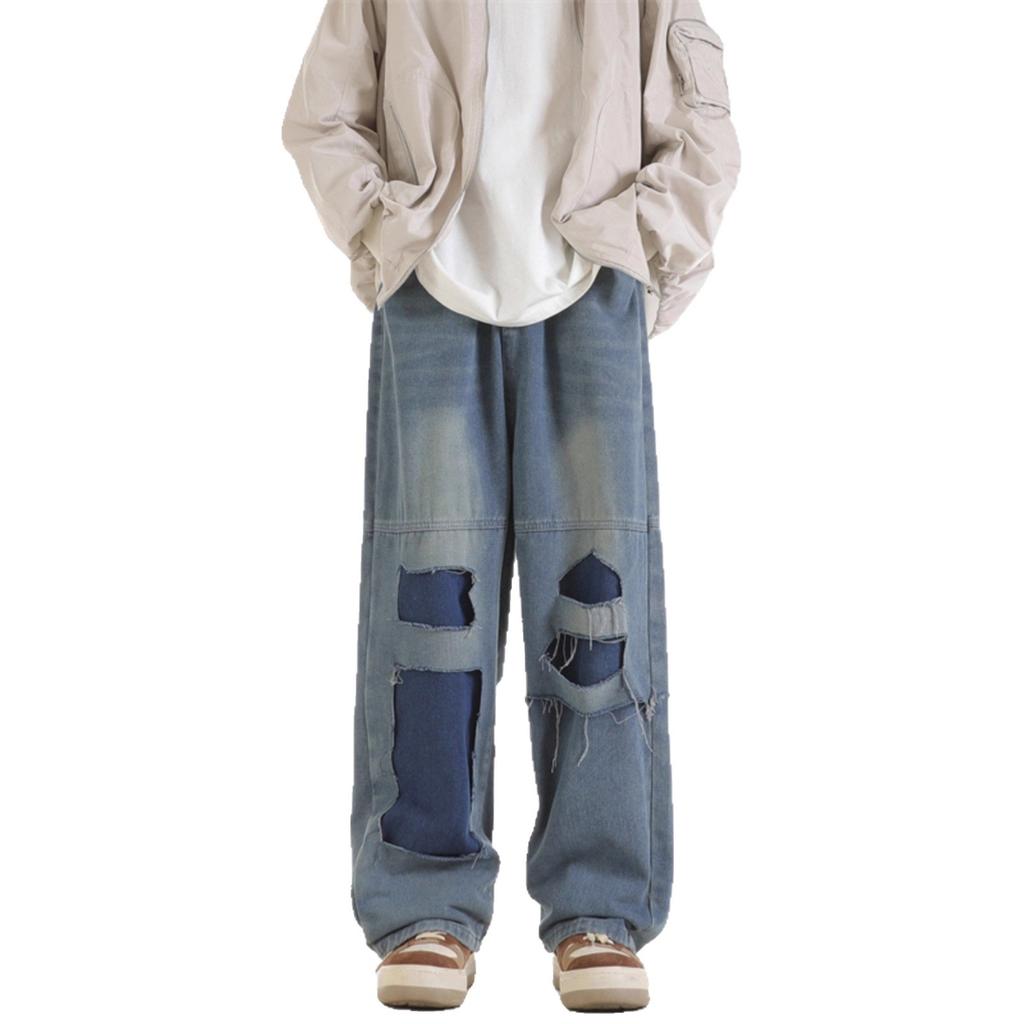 Ripped patch jeans men's retro trendy brand ruffian handsome American street hip hop loose drape wide leg dad pants tide