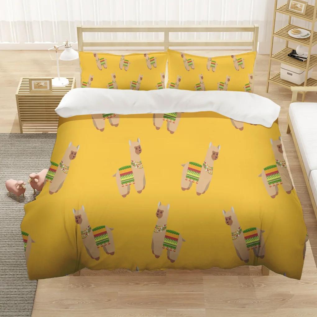 Cartoon Alpaca Duvet Cover King Queen Size Lovely White Animal Bedding Set for Kids Tropical Cactus 2/3pcs Polyester Quilt Cover