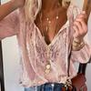 Loose Fit V Neck Long Sleeve Pullover Solid Color Commuter Shirt