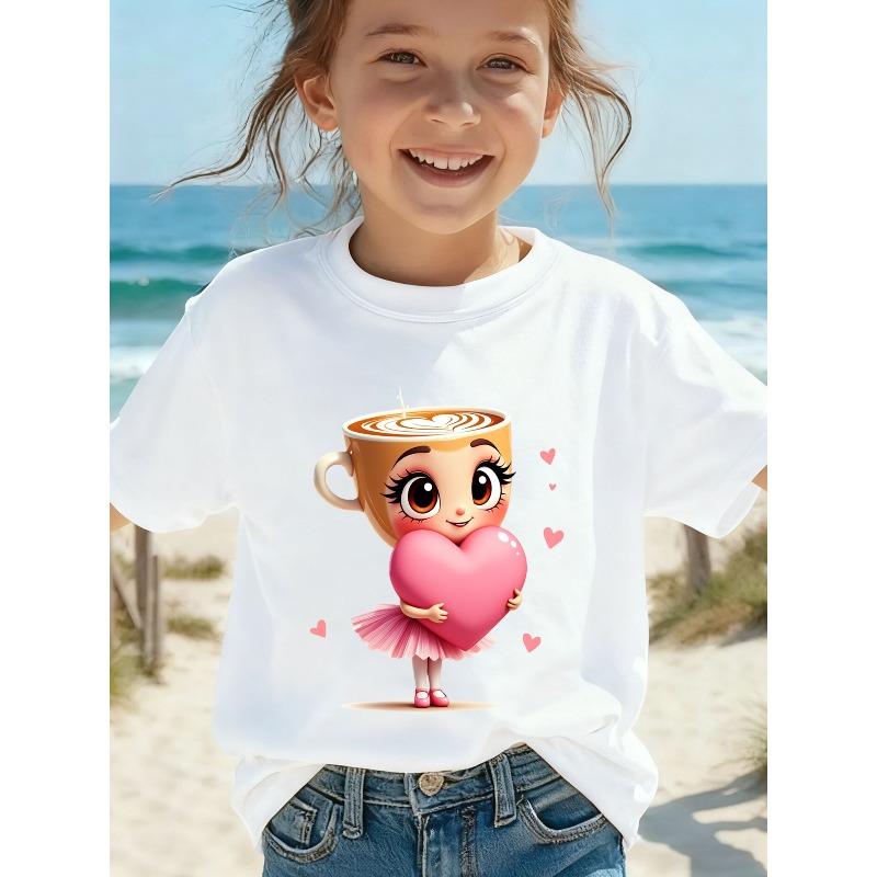 European sizes Latest Girls Cartoon Hug New Cappuccino Milk Tea T-Shirt Outfit Casual Cute Short Sleeve Fashion Trendy Round Neck Patchwork Top
