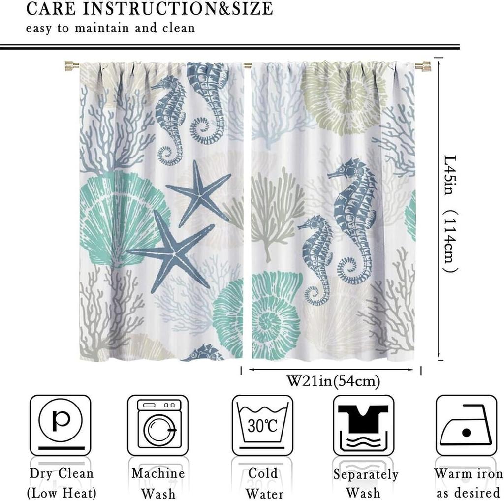 Coastal Window Curtains Nautical Beach Beach Sea Starfish Seashell Curtain for Living Room   Bedroom 2 Panels Set   42W x 45L inch