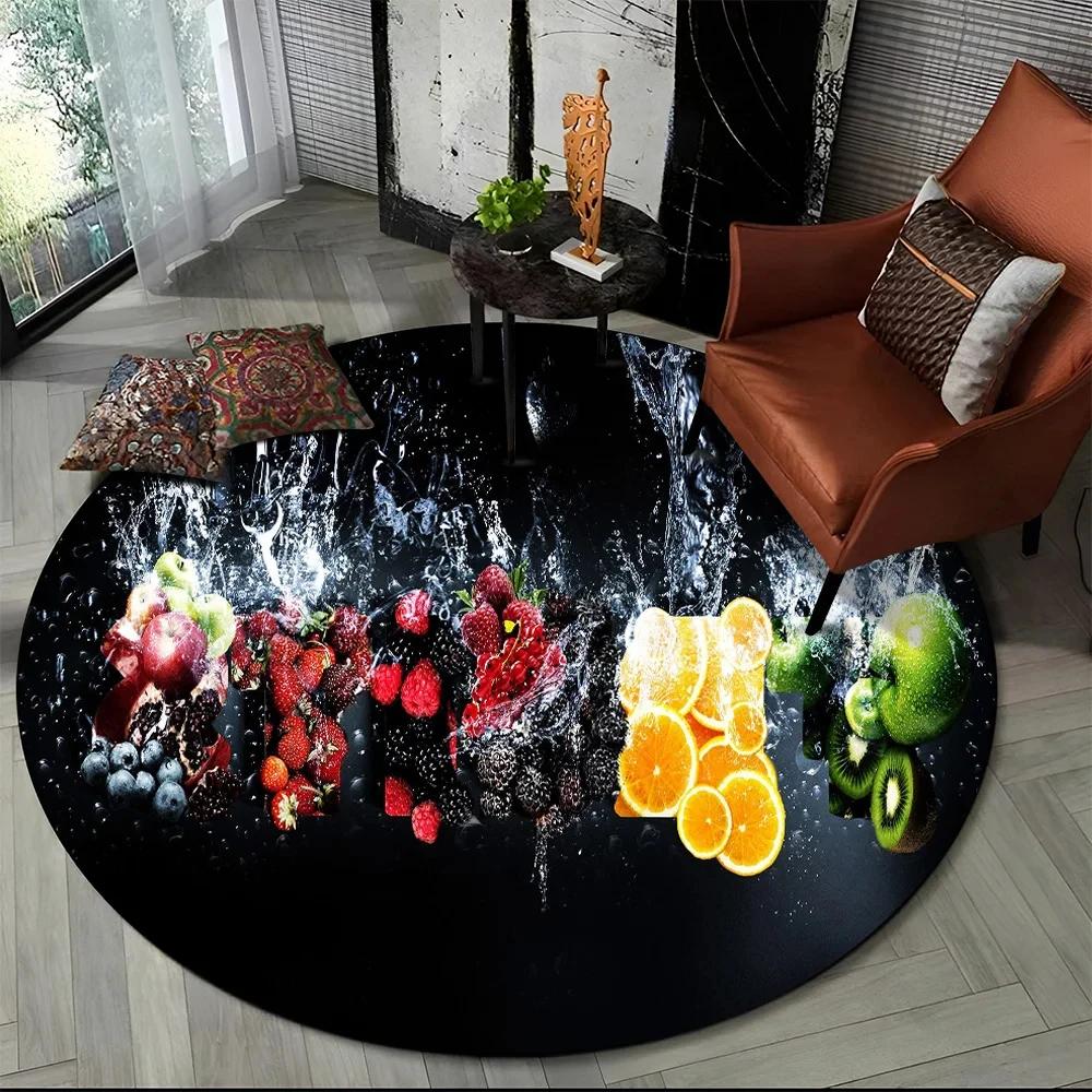 3D Niedlicher Tropenfrucht-Druck Runder Teppich Cartoon Früchte Teppich für Wohnzimmer Schlafzimmer Spielzimmer Badezimmer Dekor Rutschfeste Bodenmatte