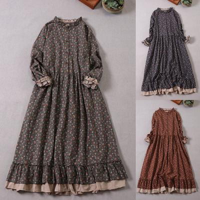 Moda Mujer Algodón Lino Manga Larga Empalme Suelto Talla Grande Vestidos Florales