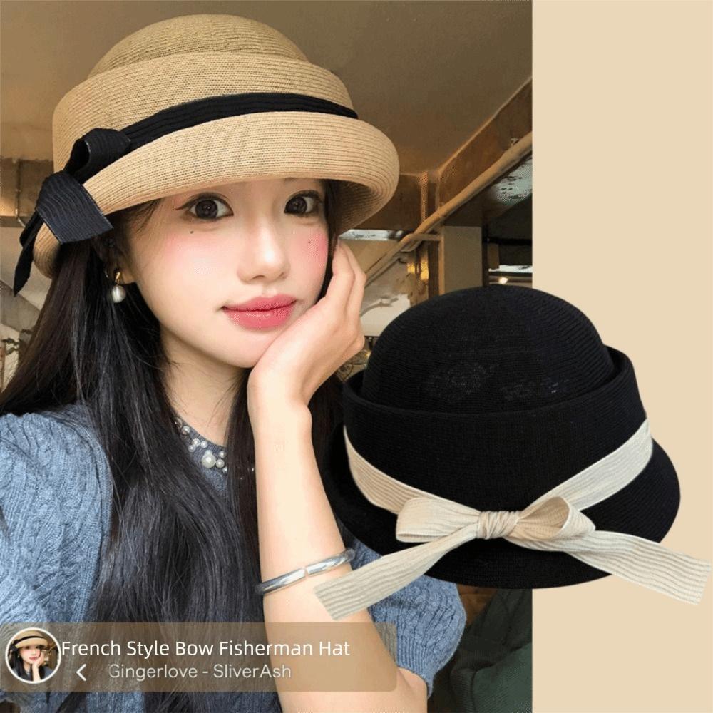 Bowknot Hepburn Style Formal Hat Knitted Fisherman Hat Fashion Bow Topper Hat Streetwear