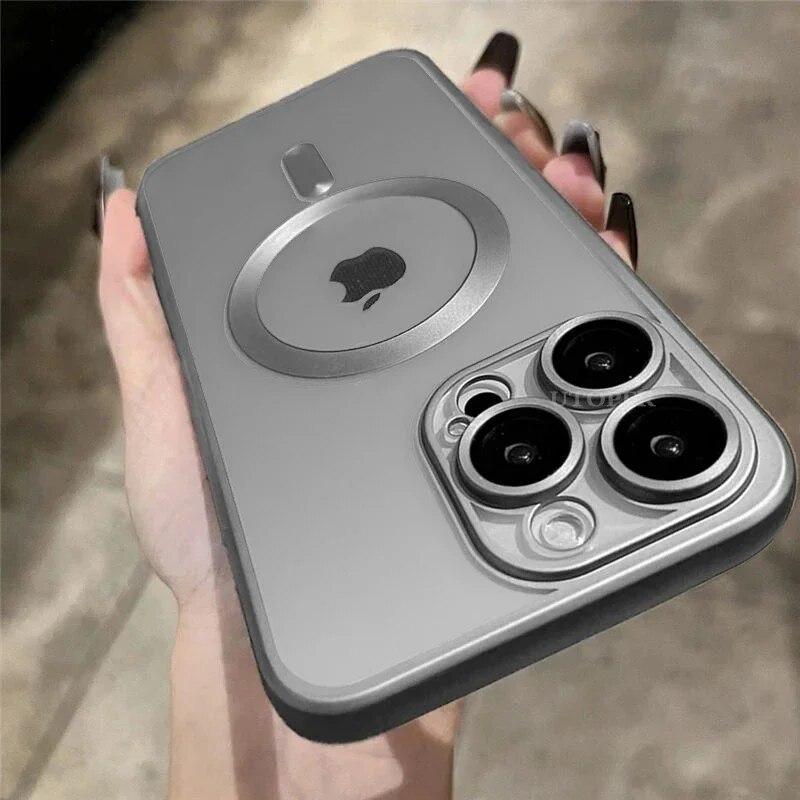 Luxury Matte Plating Frame Clear Case For IPhone 15 14 13 12 11 Pro Max Plus Magsafe Magnetic Wireless Charge Lens Protect Cover